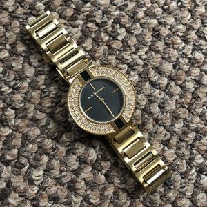 Gold BCBGMaxazria Watch with Black/Rhinestone Face